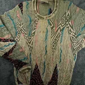 Coogi Sweater Medium Beige Colorful Pullover 3D Knit Crew Neck Cotton Designer